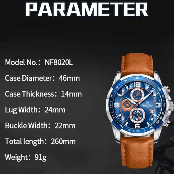 Naviforce NF8020L Luxury Leather Quartz Chronograph Casual Sports Style Men's Watch – Dial Color: Blue, Strap Color:  Brown  – View 7