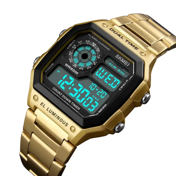 SKMEI 1335 Digital Multifunctional Stainless Steel Sporty Men's Watch – Dial Color: Black, Strap Color: Gold  – View 2