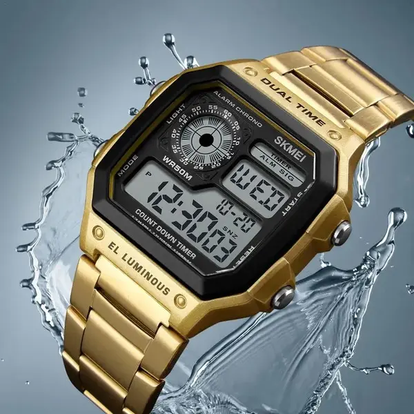 SKMEI 1335 Digital Multifunctional Stainless Steel Sporty Men's Watch – Dial Color: Black, Strap Color: Gold  – View 4