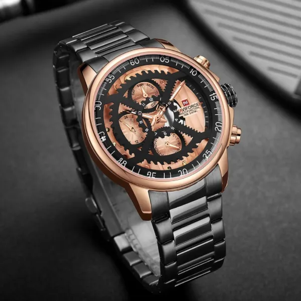 Naviforce NF9150 Luxury Steel Military Waterproof Quartz Men's Watch – Dial Color: Rose, Strap Color: Black – View 3
