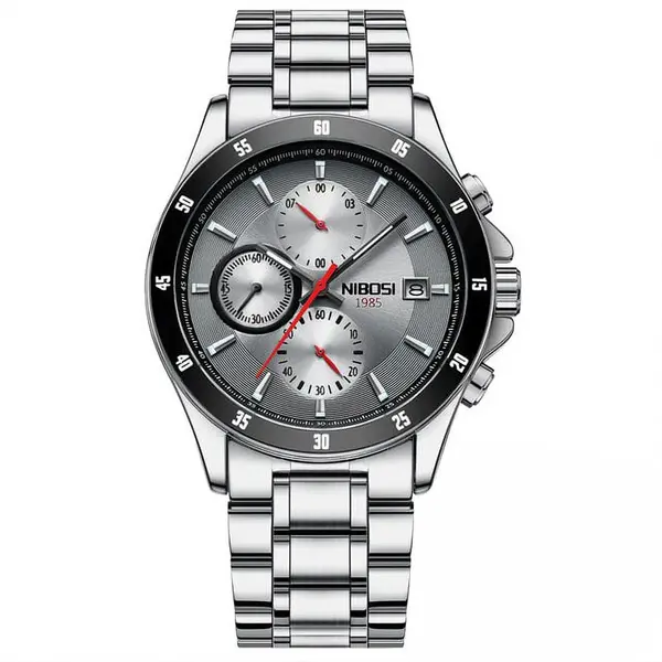 Nibosi 2530 Luxury Stainless Steel Chronograph Men's Watch – Dial Color: Silver, Strap Color: Silver – View 1