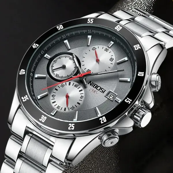 Nibosi 2530 Luxury Stainless Steel Chronograph Men's Watch – Dial Color: Silver, Strap Color: Silver – View 2
