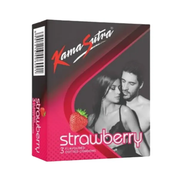KamaSutra Strawberry Flavoured Condoms 3-Pack with Premium Latex & Pre-Lubricated – View 1