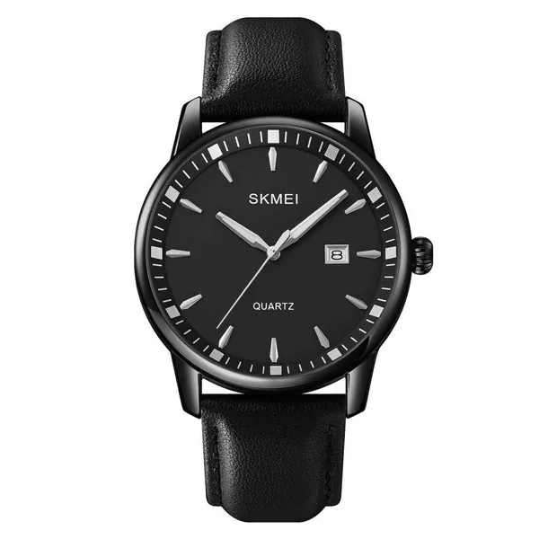 SKMEI 1801 Business Calendar Leather Strap Classic Quartz Watch – Dial Color: Black, Strap Color: Black – View 1
