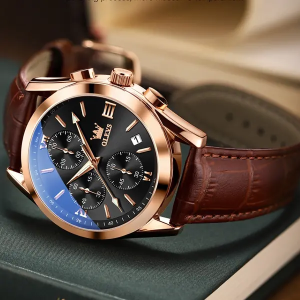 OLEVS 2872 Golden Sophistication Leather Chronograph Men's Quartz Watch – Dial Color: Black, Strap Color: Rose Gold – View 2