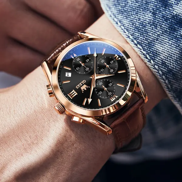 OLEVS 2872 Golden Sophistication Leather Chronograph Men's Quartz Watch – Dial Color: Black, Strap Color: Rose Gold – View 3