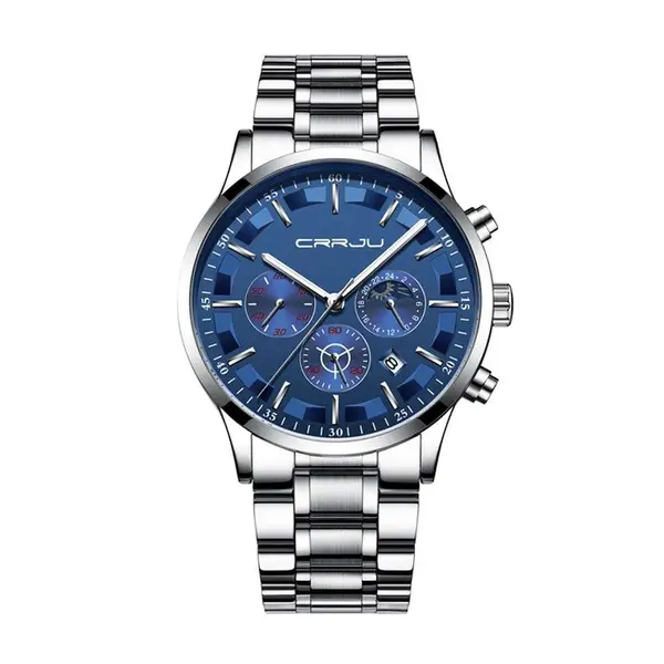 CRRJU 2260 High Quality Stainless Steel Multifunctional Quartz Classic Men's Watch – Dial Color: Blue, Strap Color: Silver – View 1