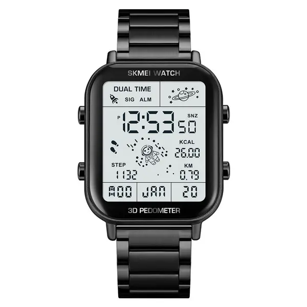 SKMEI 1888 Stainless Steel Calorie Mileage Digital Sporty Men's Watch – Dial Color: White, Strap Color: Black – View 1