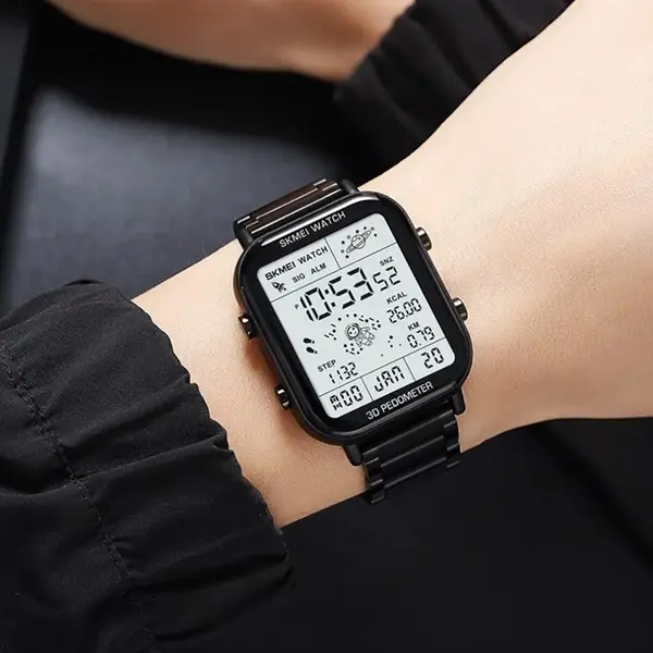 SKMEI 1888 Stainless Steel Calorie Mileage Digital Sporty Men's Watch – Dial Color: White, Strap Color: Black – View 2
