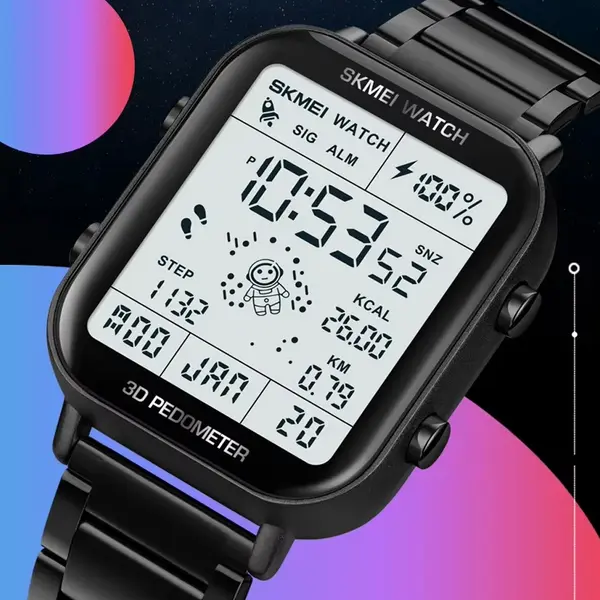 SKMEI 1888 Stainless Steel Calorie Mileage Digital Sporty Men's Watch – Dial Color: White, Strap Color: Black – View 3