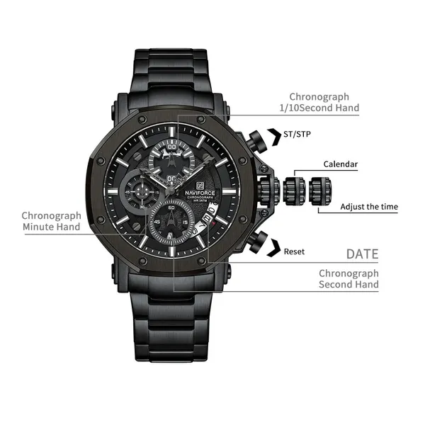 Naviforce 8065 CH Stainless Steel Casual & Sport Men's Watch – Dial Color: Black, Strap Color: Black – View 3