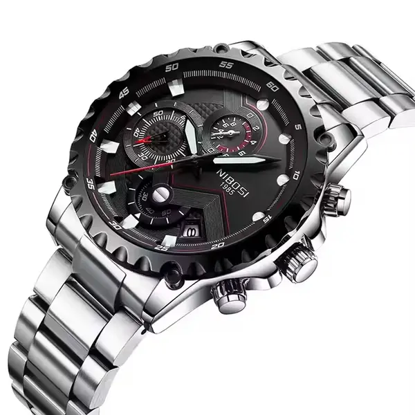 Nibosi 2322 Stylish Stainless Steel & Chronograph Men Watch – Dial Color: Black, Strap Color: Silver – View 2
