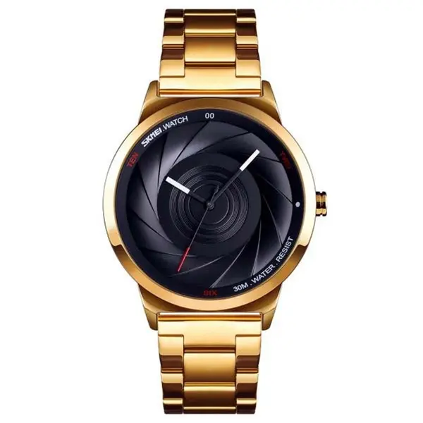 SKMEI 9210 Stainless Steel Analog Luxury Quartz Men's Watch – Dial Color: Black, Strap Color: Gold  – View 1