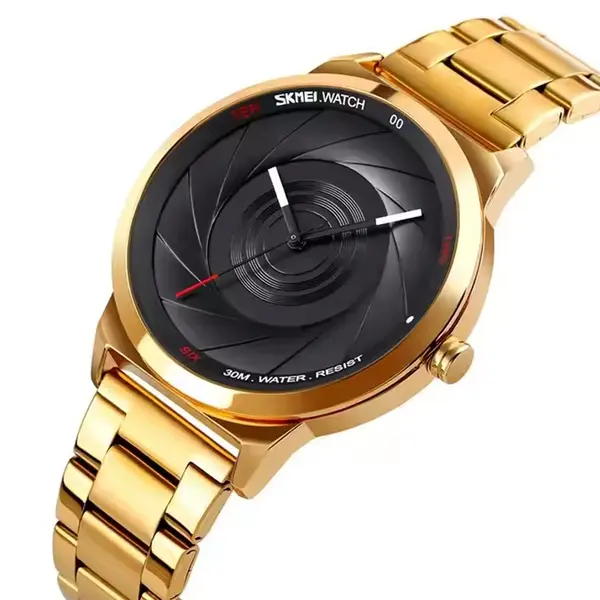 SKMEI 9210 Stainless Steel Analog Luxury Quartz Men's Watch – Dial Color: Black, Strap Color: Gold  – View 2