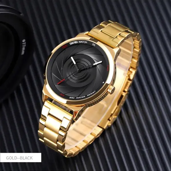 SKMEI 9210 Stainless Steel Analog Luxury Quartz Men's Watch – Dial Color: Black, Strap Color: Gold  – View 3