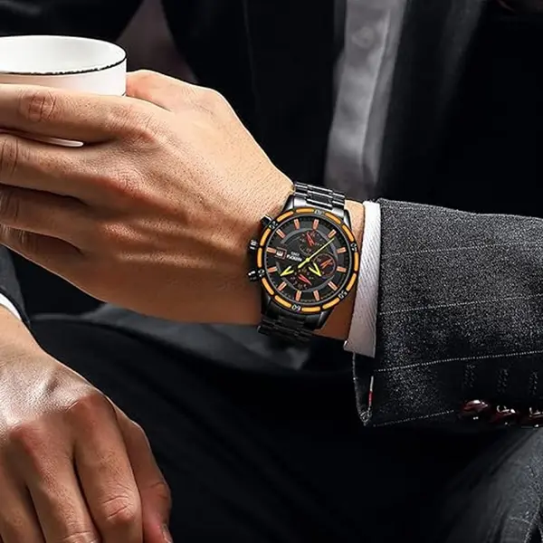 Nibosi 2568 Stainless Steel Multifunctional Chronograph classical Men's Watch – Dial Color: Orange, Strap Color: Black – View 4