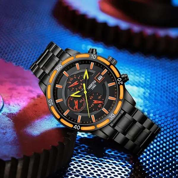 Nibosi 2568 Stainless Steel Multifunctional Chronograph classical Men's Watch – Dial Color: Orange, Strap Color: Black – View 3