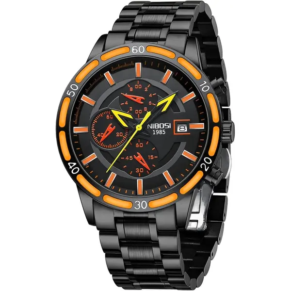 Nibosi 2568 Stainless Steel Multifunctional Chronograph classical Men's Watch – Dial Color: Orange, Strap Color: Black – View 1