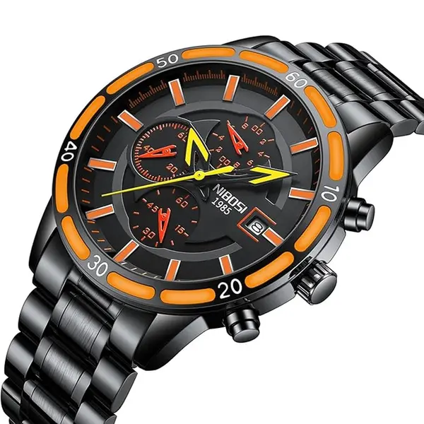 Nibosi 2568 Stainless Steel Multifunctional Chronograph classical Men's Watch – Dial Color: Orange, Strap Color: Black – View 2