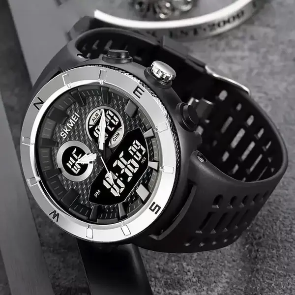 SKMEI 2014 Digital Analog Silicone Strap Waterproof Sporty Men's Watch – Dial Color: Silver, Strap Color: Black – View 2