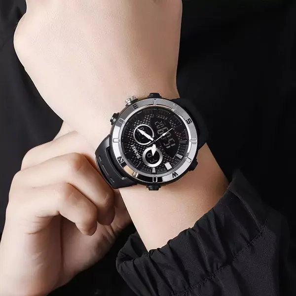 SKMEI 2014 Digital Analog Silicone Strap Waterproof Sporty Men's Watch – Dial Color: Silver, Strap Color: Black – View 3