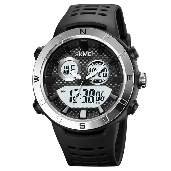 SKMEI 2014 Digital Analog Silicone Strap Waterproof Sporty Men's Watch – Dial Color: Silver, Strap Color: Black – View 1