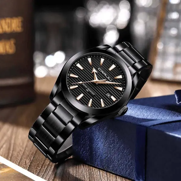 CRRJU 5006 Classic Stainless Steel Multifunctional Analog Quartz Fashion Men's Watch – Dial Color: Black, Strap Color: Black – View 3