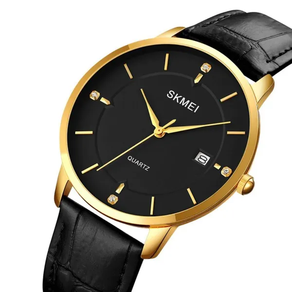 SKMEI 1801 Business Calendar Leather Strap Classic Quartz Watch – Dial Color: Gold, Strap Color: Black – View 2