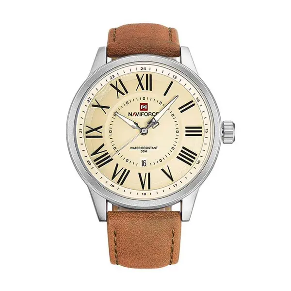 Naviforce NF9126 Luxury Genuine Leather Strap Casual Fashion Men's Watch – Dial Color: Silver, Strap Color:  Brown  – View 1