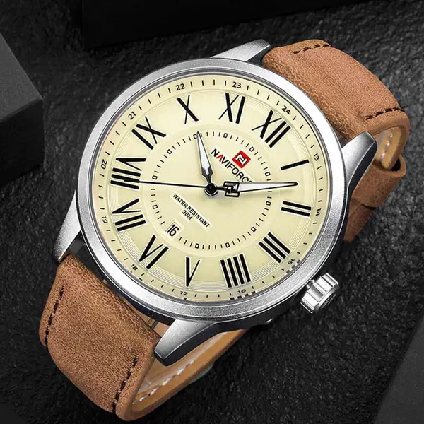 Naviforce NF9126 Luxury Genuine Leather Strap Casual Fashion Men's Watch – Dial Color: Silver, Strap Color:  Brown  – View 2