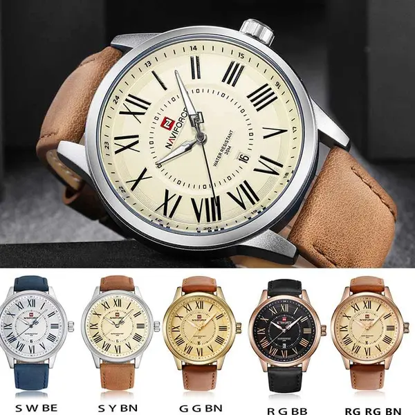 Naviforce NF9126 Luxury Genuine Leather Strap Casual Fashion Men's Watch – Dial Color: Silver, Strap Color:  Brown  – View 3