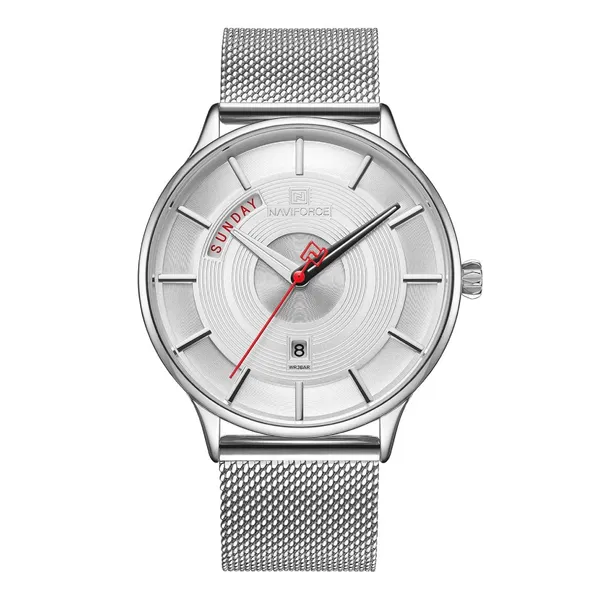 Naviforce NF3007 Luxury Stainless Steel Sports Men's Watch – Dial Color: Silver, Strap Color: Silver – View 1