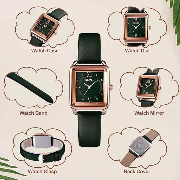Skmei 1702 Small Square Dial Design Zinc Alloy Case Leather Women Lady Quartz Watch – Dial Color: Green, Strap Color: Green  – View 3