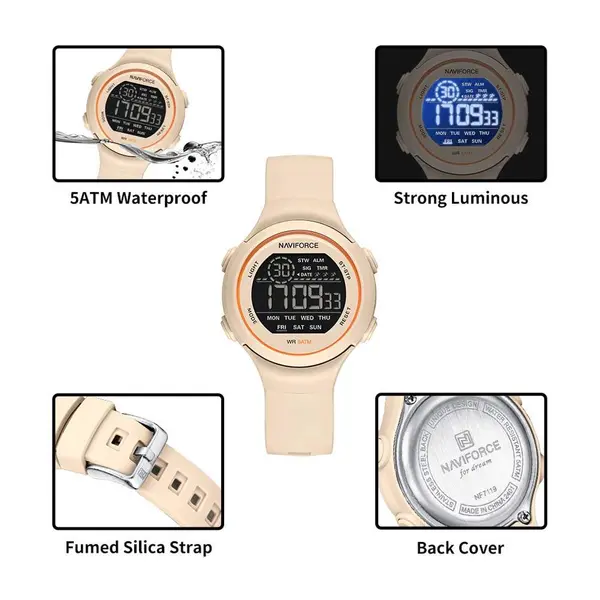Naviforce NF7119 Comfortable Silicone Strap Trendy Sport Fashion Digital Women's Watch – Dial Color: Beige, Strap Color: Beige – View 5