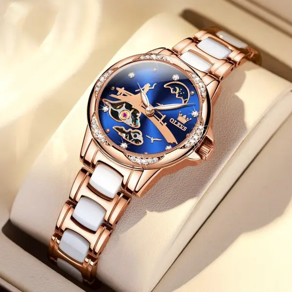 Olevs 6639 automatic mechanical ceramic wristwatch set gift for women – Dial Color: Blue, Strap Color: White – View 2