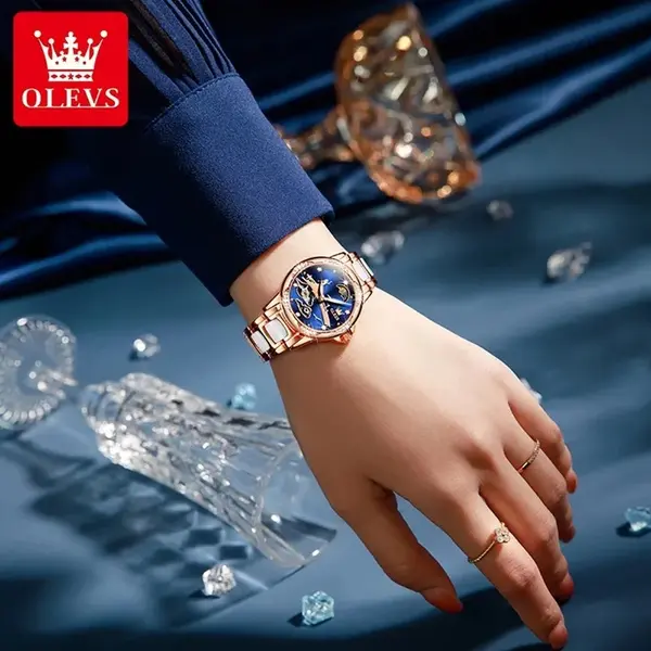Olevs 6639 automatic mechanical ceramic wristwatch set gift for women – Dial Color: Blue, Strap Color: White – View 3