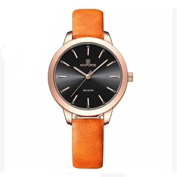NAVIFORCE NF5024 PU Leather Analog Watch For Women – Dial Color: Black, Strap Color: Orange – View 3