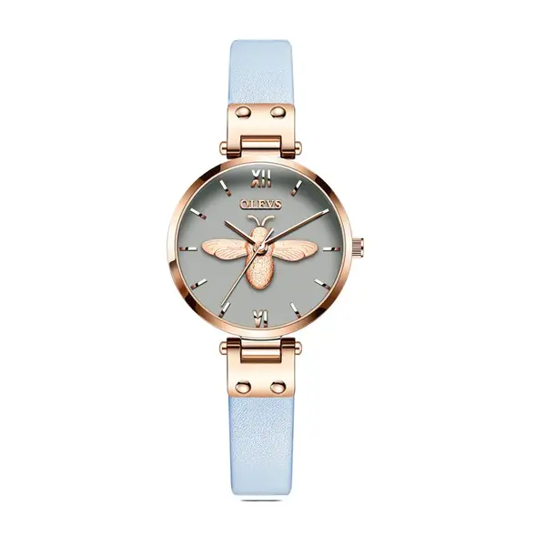 OLEVS 6895L PU Leather Analog Luxury Quartz Watch For Women – Dial Color: Grey, Strap Color: Sky Blue – View 1
