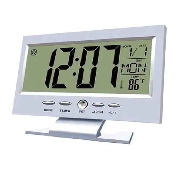 Digital table clock Voice Control LED Snooze Alarm Clock – Color: White – View 1