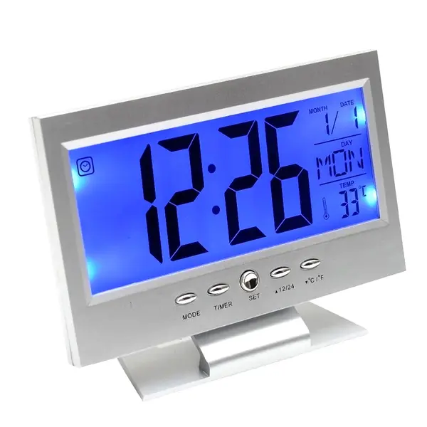 Digital table clock Voice Control LED Snooze Alarm Clock – Color: White – View 2