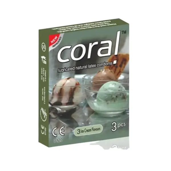 Coral Condom 3 Ice Cream Flavours 3's Pack – Strawberry, Vanilla, Chocolate – View 1