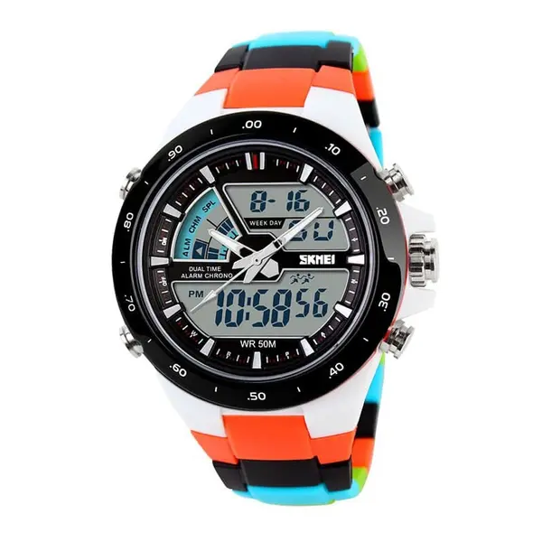 SKMEI 1016 Dual Time PU Leather Sporty Men's Watch – Dial Color: Black, Strap Color: Orange – View 1
