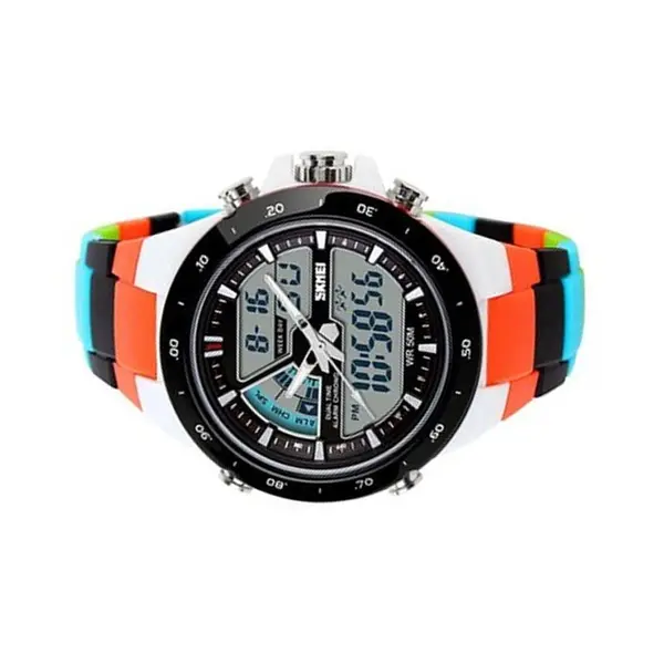 SKMEI 1016 Dual Time PU Leather Sporty Men's Watch – Dial Color: Black, Strap Color: Orange – View 2