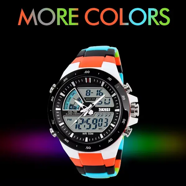 SKMEI 1016 Dual Time PU Leather Sporty Men's Watch – Dial Color: Black, Strap Color: Orange – View 3