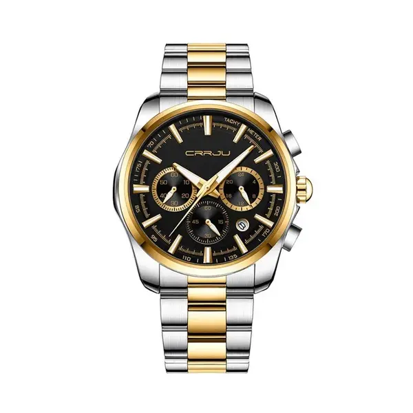 CRRJU 2296 Stainless Steel Quartz Analog Business Classic Men's Watch – Dial Color: Black, Strap Color: Gold  – View 1