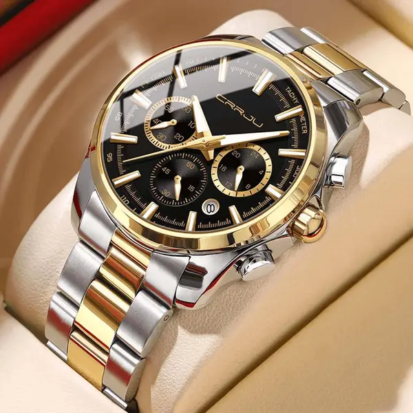 CRRJU 2296 Stainless Steel Quartz Analog Business Classic Men's Watch – Dial Color: Black, Strap Color: Gold  – View 2