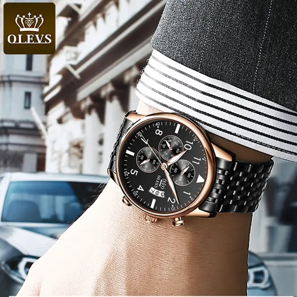 OLEVS 2869 Stainless Steel Chain Multifunctional Waterproof Luminous Men's Watch – Dial Color: Black, Strap Color: Black – View 5