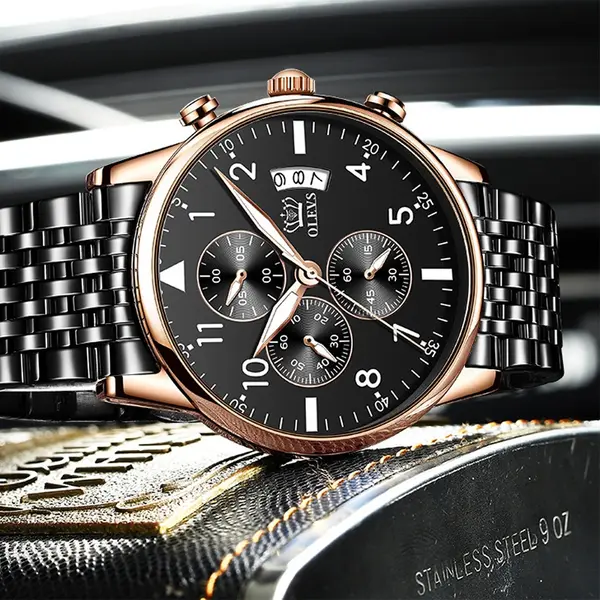 OLEVS 2869 Stainless Steel Chain Multifunctional Waterproof Luminous Men's Watch – Dial Color: Black, Strap Color: Black – View 2
