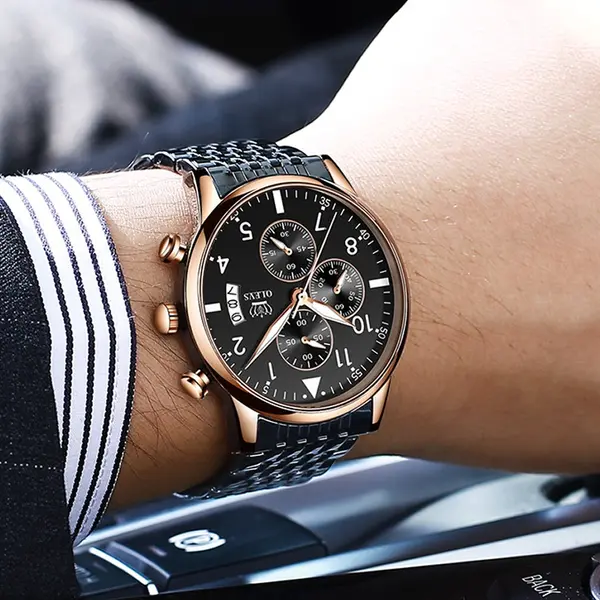 OLEVS 2869 Stainless Steel Chain Multifunctional Waterproof Luminous Men's Watch – Dial Color: Black, Strap Color: Black – View 4