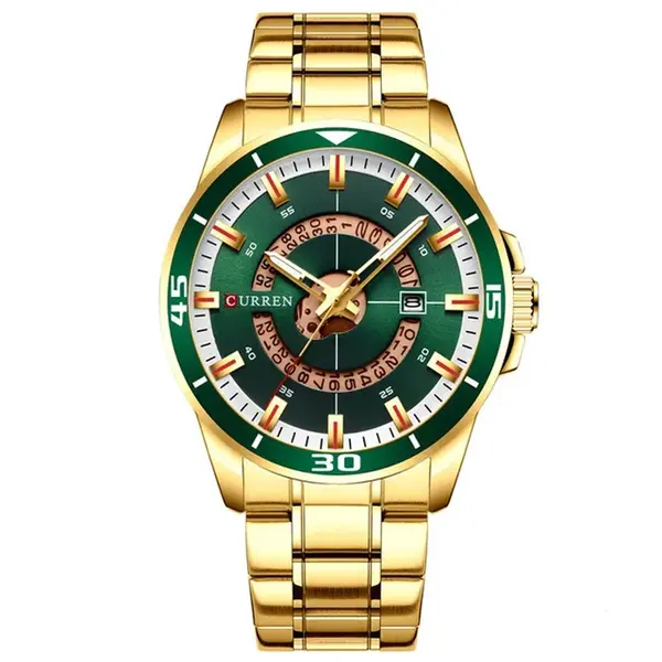 Curren 8359 Luxury Stainless Steel Calendar Men's Watch – Dial Color: Green, Strap Color: Gold – View 1